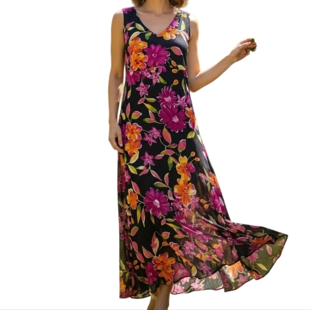 Vintage Beaded Sequin Asymetrical Black Pink Floral Sleeveless Maxi Dress | Sz L